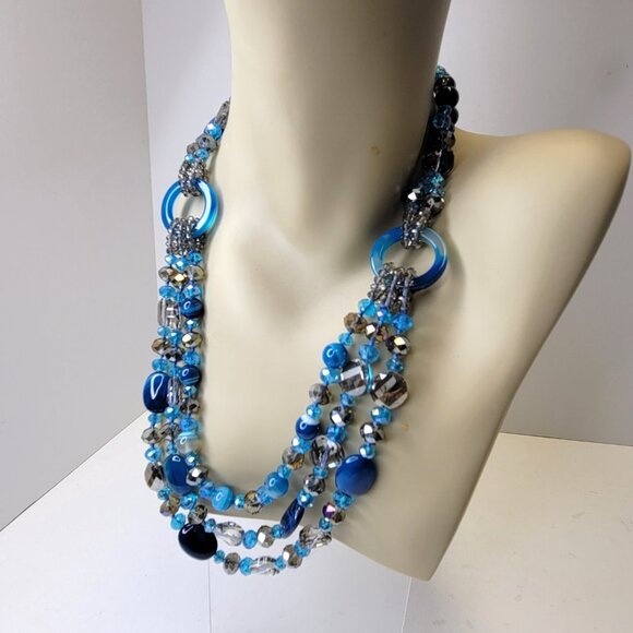 Blue Beaded Necklace MultiStrand Blue and Grey Beaded Necklace - Picture 9 of 13